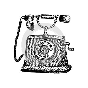 Old retro telephone vintage hand drawn illustration