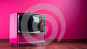 Old retro TV, vintage 50s television in pink color