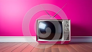 Old retro TV, vintage 60s television in pink color on wood floor