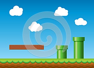 Old retro video game background. Classic retro style game design scenery