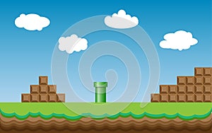 Old retro video game super mario bros background. Classic retro style game design scenery. photo