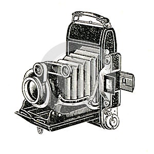 Old retro vintage art deco photo medium format rollfilm camera with rangefinder open