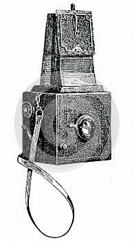 Old retro vintage art deco plate photo camera with viewfinder open