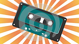 Old retro vintage green music audio cassette for audio tape recorder with magnetic tape from 70s, 80s, 90s against the background