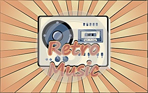 Old retro vintage poster with music cassette tape recorder with magnetic tape babbin on reels and speakers from the 70s, 80s, 90s