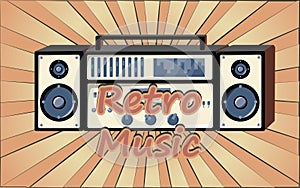 Old retro vintage poster with music cassette tape recorder with magnetic tape babbin on reels and speakers from the 70s, 80s, 90s