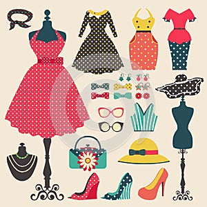 Old retro woman fashion clothes and accessories flat icon design (vector)