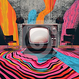 Old retro wooden TV with blank screen on colorful background. Antique television in vintage style