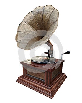 old retro worn gramophone isolated on white background.