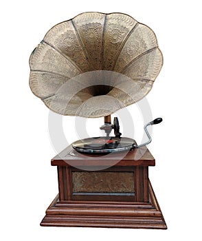 old retro worn gramophone isolated on white background.