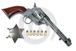 Old Revolver, Sheriff Star And Bullets