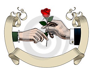 Old ribbon banner, hands of man and woman with red rose