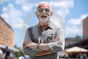 Old rich man with sun glasse and beard on street portrait