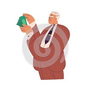 Old rich man. Wealthy character in suit counting money, cash. Senior elderly person, businessman holding dollar bills