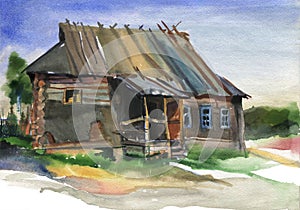 Old rickety wooden house on a sunny day. Late summer. Watercolor landscape