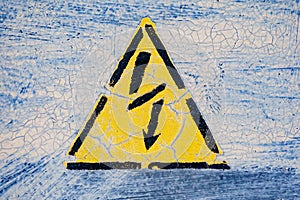 Old risk of electric shock triangle sign on light grey weathered cracked background