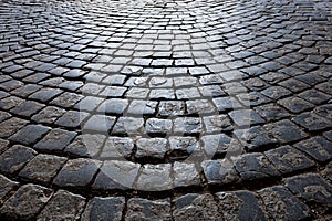 Old road is paved with stone setts