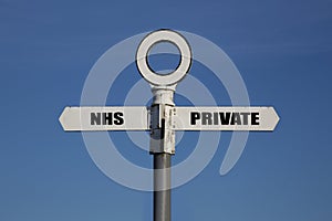 Old road sign with NHS and private pointing in opposite directions