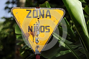 Old road sign warning for children zone