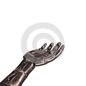 The old robot arm is scratched. 3d rendering. On a white background