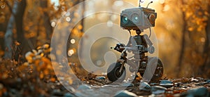 an old robot on a bicycle in the forest