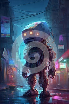 Old robot with hanging cables in night city AI generative illustration