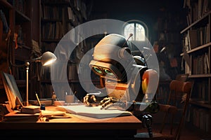 Old robot in the library at night. 3d render illustration, A robot author writing on a notepad in an old library, AI Generated