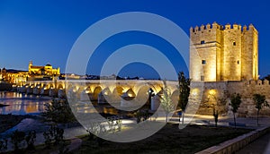 Old roman bridge and tower Calahora at night, Cordoba