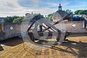 Old roman catapult in Castle Saint Angelo. Rome. Italy