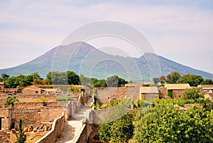 Old Roman Pompei ruins with mount Vesuvio