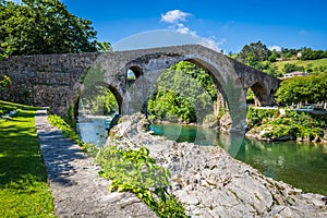 Old Roman stone bridge in Cangas de Onis (Asturias), Spain