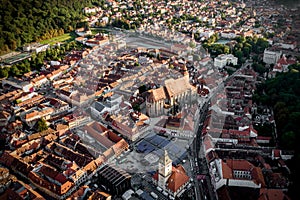 The old Romanian city of Brasov, the center of Transylvania. Top view from a quadrocopter