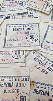 Old romanian PECO fuel vouchers, for 10 liters, 20 liters and 50 liters