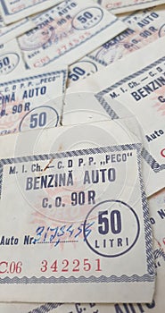 Old romanian PECO fuel vouchers, for 10 liters, 20 liters and 50 liters