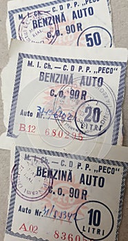 Old romanian PECO fuel vouchers, for 10 liters, 20 liters and 50 liters