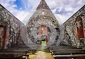 Old roofless church ruins on a beautiful sunny mid-summer day in Finland