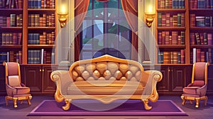 An old room or library interior depicted in a cartoon style with a wooden bookcase and leather coach. A reading room