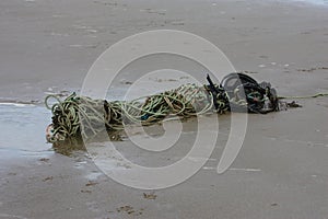 An old rope abandoned on a sandy beach