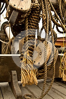 Old rope and wooden block pulleys