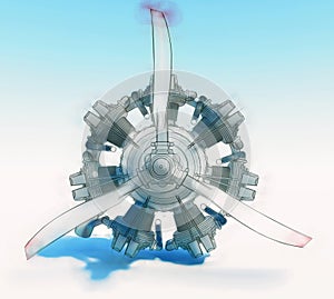 Old rotary circular aircraft engine with propeller. The illustration is stylized as a hand drawing. 3d rendering.
