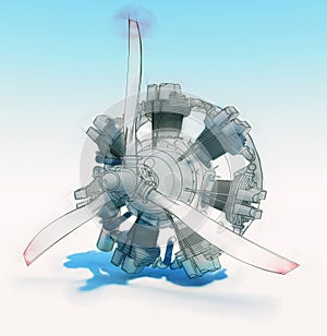 Old rotary circular aircraft engine with propeller. The illustration is stylized as a hand drawing. 3d rendering.