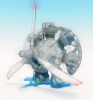 Old rotary circular aircraft engine with propeller. The illustration is stylized as a hand drawing. 3d rendering.