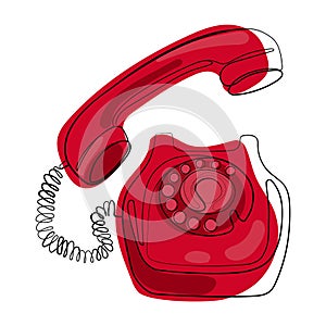 Old rotary red telephone modern drawing.Vintage wired phone handset, retro phone simple vector illustration