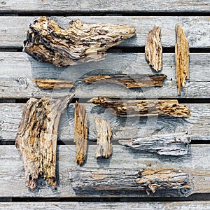 Old rotten wooden pieces and fragments