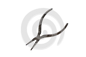 Old round pliers for jewelry work, isolated on a white background. Puller snap ring pliers. Isolated old and rusty round-nose plie