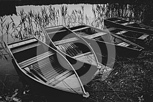 Old row boats at lake.