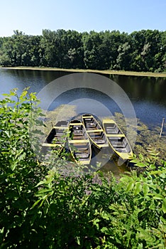 Old rowboat on river