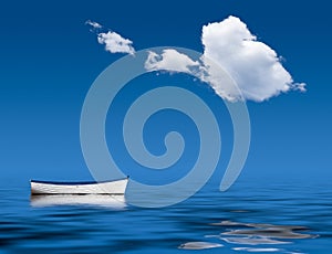 Old rowing boat marooned at sea