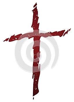 Old rugged distressed christian cross with blood red gradient tones isolated vector illustration