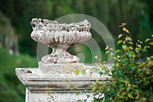 Old ruined antique concrete flower pot garden vase